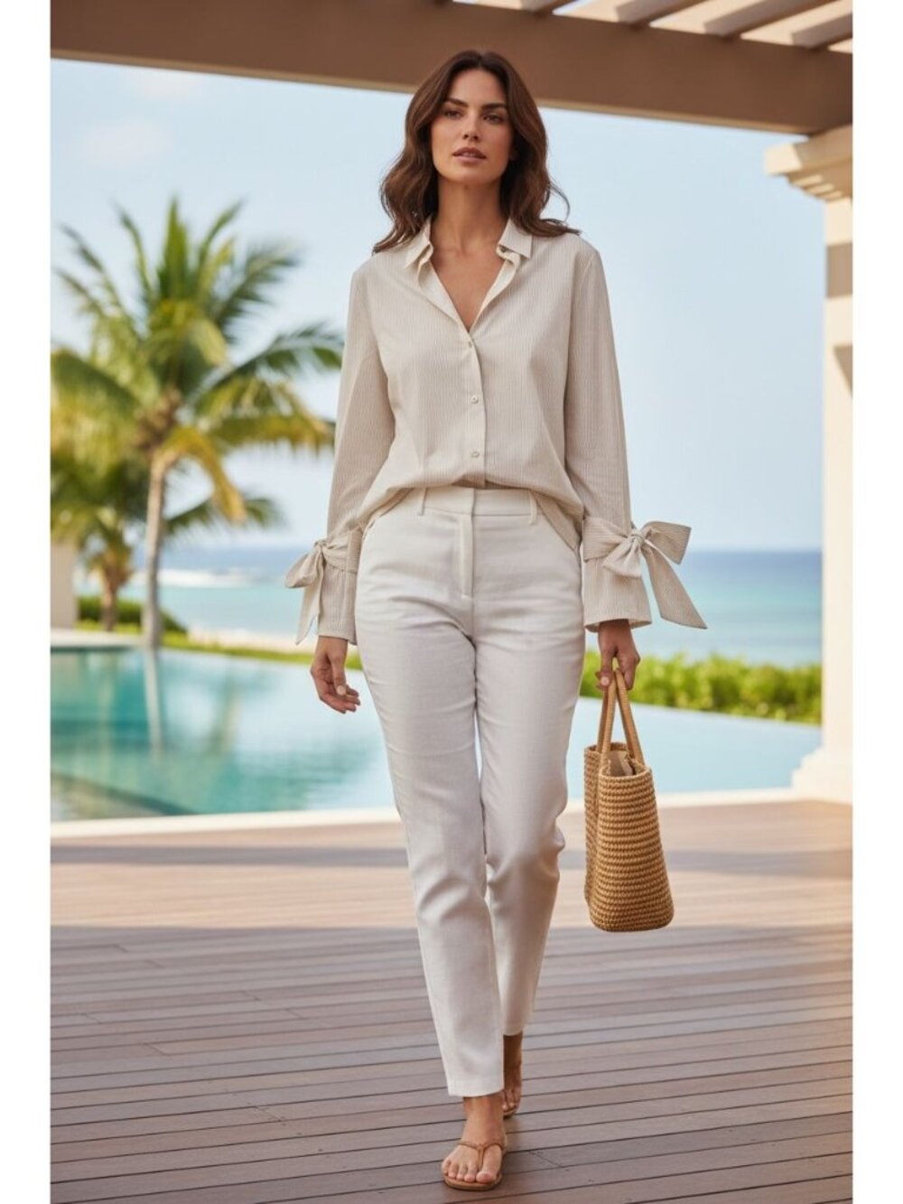 Michael Kors Womens Striped Button-Down Shirt Tie-Cuffs Beige/White Size S NEW